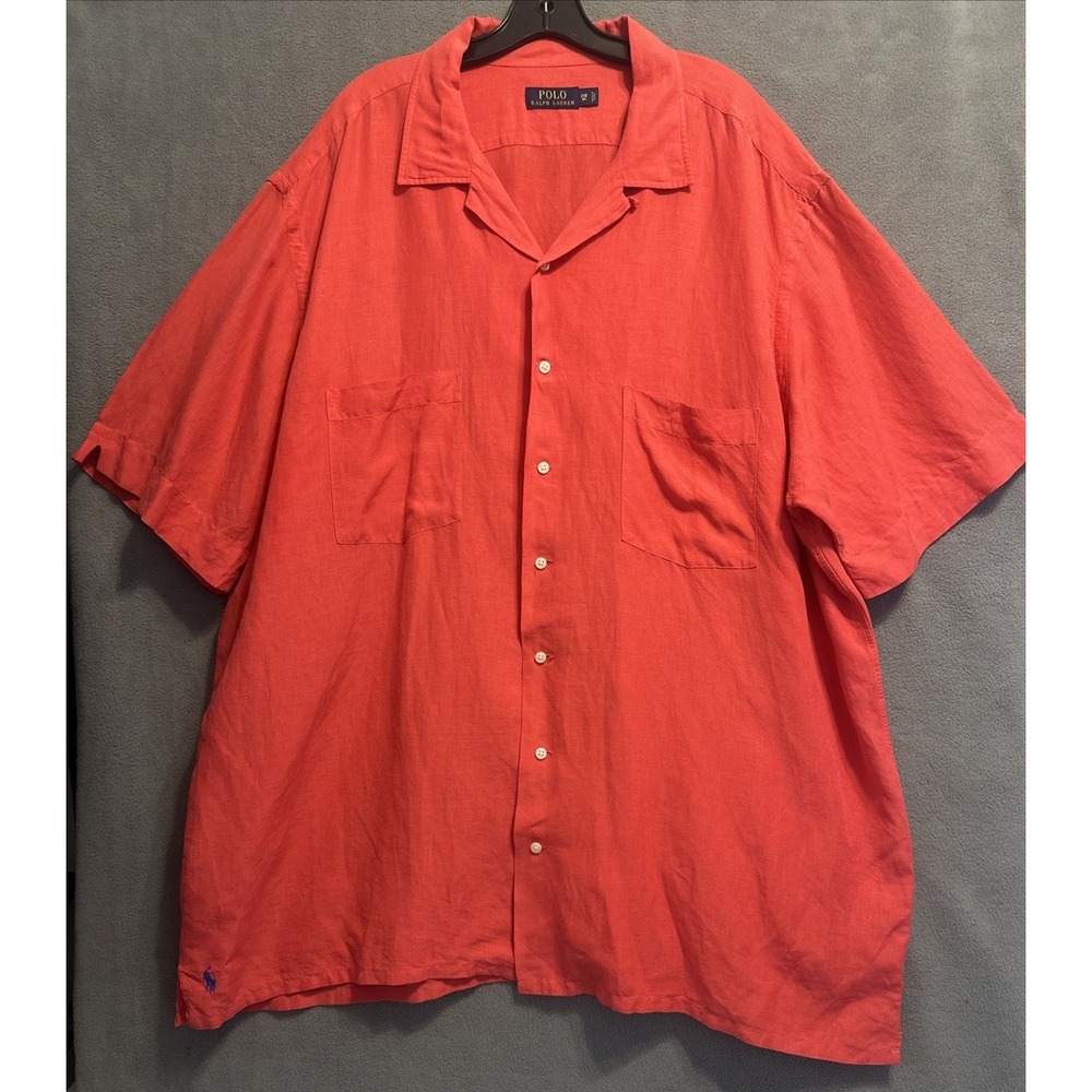 Polo Ralph Lauren Silk Linen Loop Collar Camp Shirt Mens 2XB Big Coral Pockets